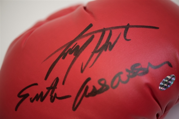 Larry Holmes Easton Assassin Signed Boxing Glove - Leaf COA