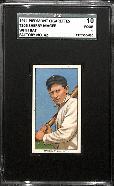 1911 T206 Sherry Magee - With Bat - Piedmont Back - SGC 10 (1) - Factory No. 42