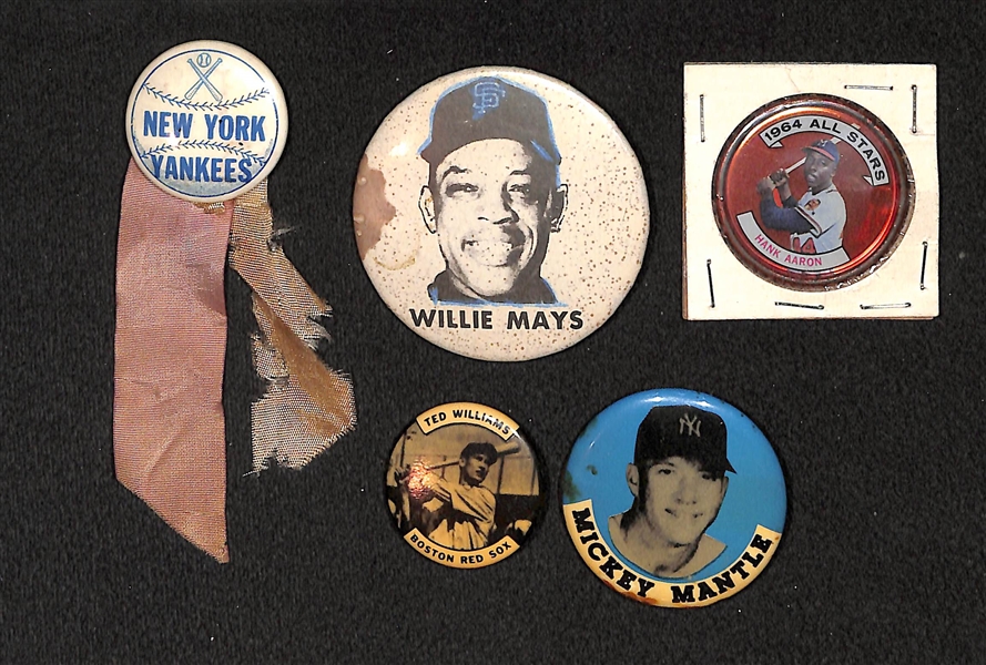 Lot Of 5 1950/60s Baseball Star Pins w. Mantle, Mays, Williams, Aaron 