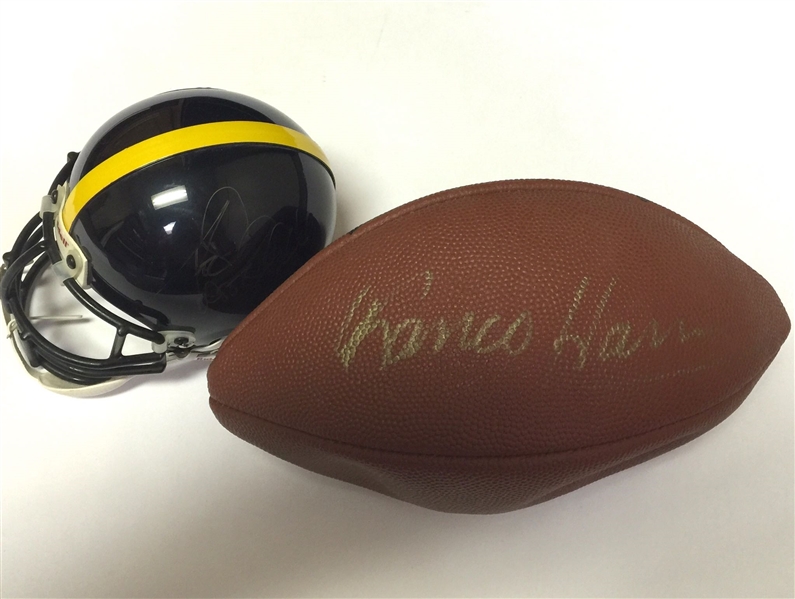 Franco Harris Signed Spalding Football & Rod Woodson Signed Pittsburgh Steelers Mini Helmet
