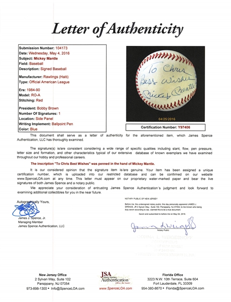 Mickey Mantle Signed Rawlings Official American League Baseball - JSA