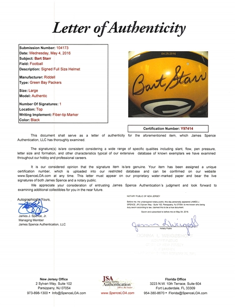 Bart Starr Signed Packers Full Size Riddell Helmet - JSA