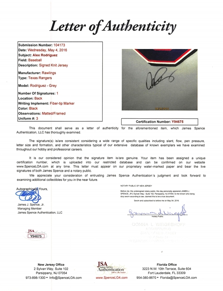 Alex Rodriguez Signed & Framed Rangers Jersey - JSA
