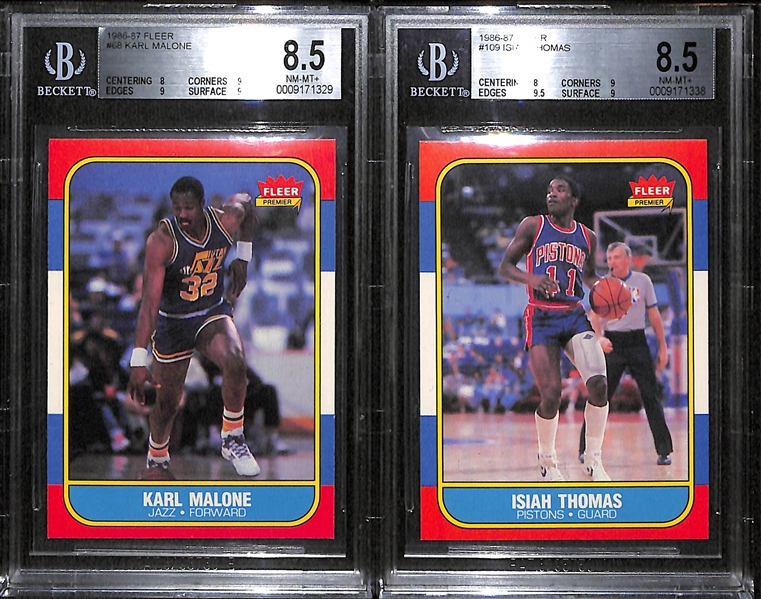 Lot of 2 1986-87 Fleer Basketball - Malone & Thomas Rookie Cards- BVG 8.5
