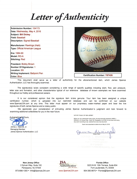 Bill Dickey Signed Official A.L. Baseball - JSA