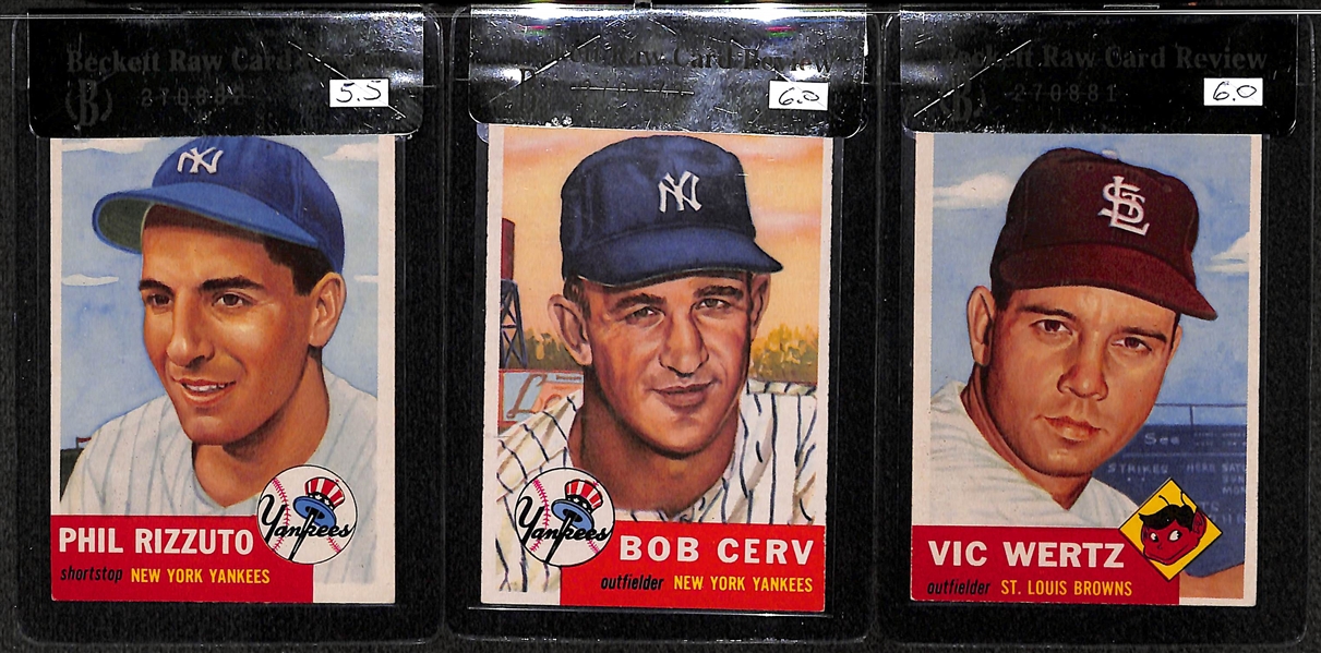 Lot of 3 - 1953 Topps Phil Rizzuto #114, Bob Cerv #210 RC, & Vic Wertz #142 - BVG 5.5/ 6.0/ 6.0.