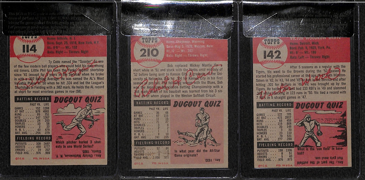 Lot of 3 - 1953 Topps Phil Rizzuto #114, Bob Cerv #210 RC, & Vic Wertz #142 - BVG 5.5/ 6.0/ 6.0.