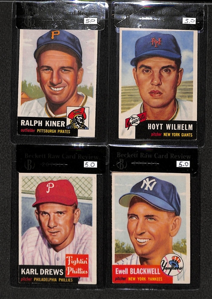 Lot of 4 - 1953 Topps Ralph Kiner #191, Hoyt Wilhelm #151, Karl Drews #59, & Ewell Blackwell #31 - All BVG 5.0