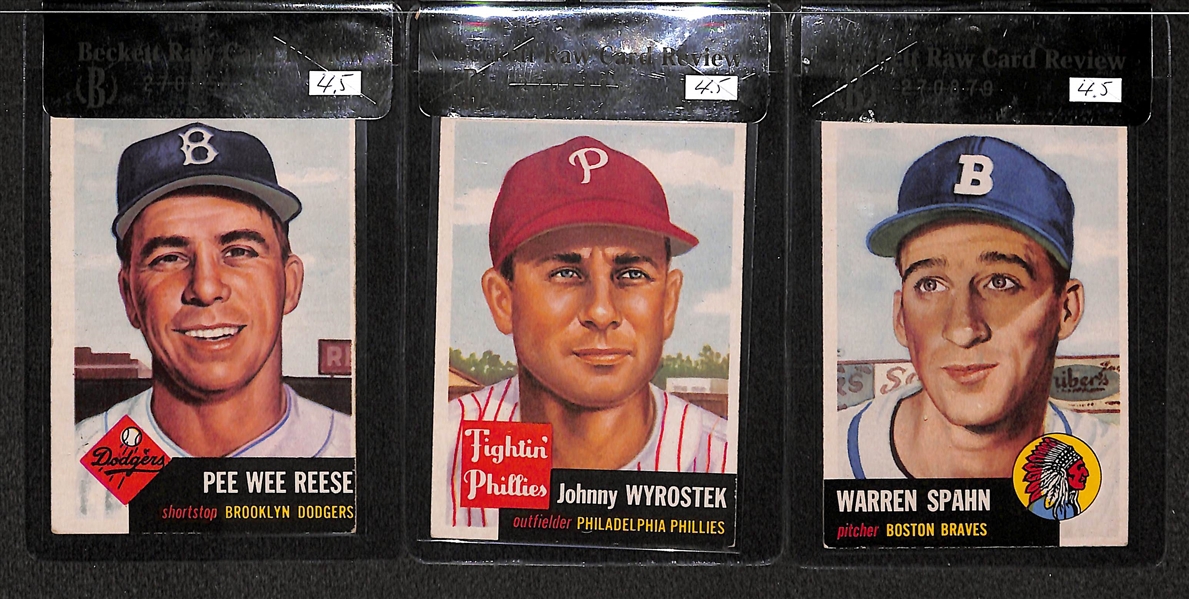 Lot of 3 - 1953 Topps Warren Spahn #147, PeeWee Reese #76, Johnny Wyrostek #79 - All BVG 4.5