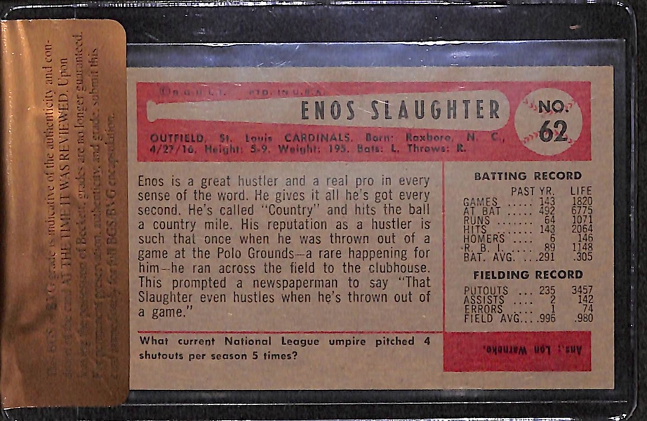 1954 Bowman Enos Slaughter #62 BVG 8.0 - HOF