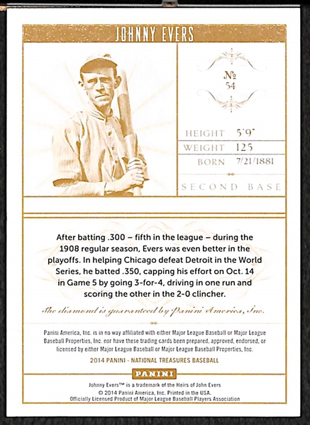 2014 Panini National Treasures Johnny Evers #16/20 Embedded Diamond Gem Card