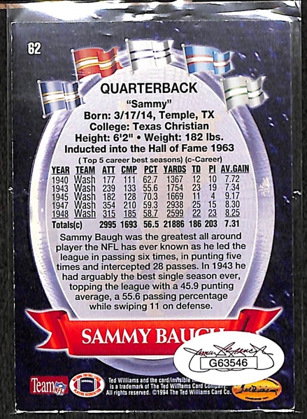 1994 Ted Williams Company Sammy Baugh Autograph Card - JSA