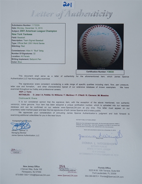 2001 New York Yankees Team Signed World Series Baseball w/Jeter - JSA LOA