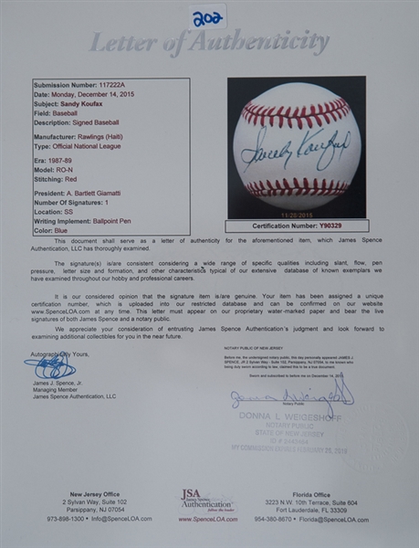Sandy Koufax Single Signed Official National League Baseball - JSA LOA