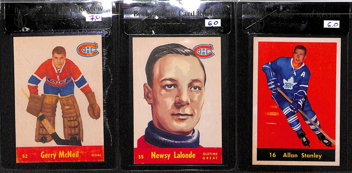 Lot of 3 Graded Vintage Hockey Cards - 1955/56 Parkhurst Gerry McNeil #52, Newsy Lalonde #55 & 1960/61 Parkhurst Allan Stanley #16 - BVG 7.0, 6.0, 6.0