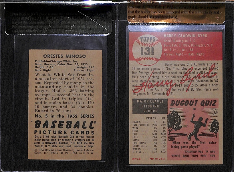 Lot of 2 Graded 1950s Baseball Cards - 1952 Bowman Minoso RC & 1953 Topps Harry Byrd - BVG 5.5, 7.5.