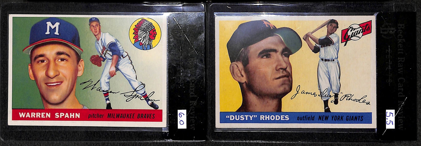 1955 Topps Warren Spahn (BVG 6.0) & Dusty Rhodes (BVG 5.5) Cards