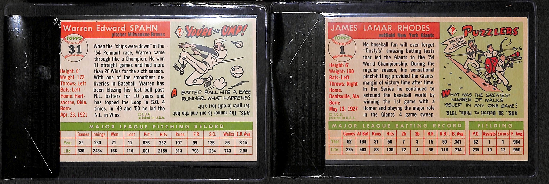 1955 Topps Warren Spahn (BVG 6.0) & Dusty Rhodes (BVG 5.5) Cards