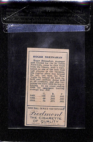1911 T205 Roger Bresnahan - Mouth Closed - Piedmont Back - BVG 3.0