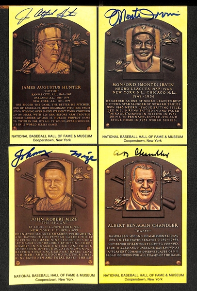 Lot Of 4 Signed HOF Plaque Cards w. Johnny Mize, Albert Chandler, James Hunter, Monford Irvin