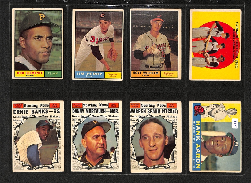 Lot Of 8 1959-61 Topps Star Baseball Cards w. Roberto Clemente, Hank Aaron, Ernie Banks All Star, Jim Perry,Warren Spahn