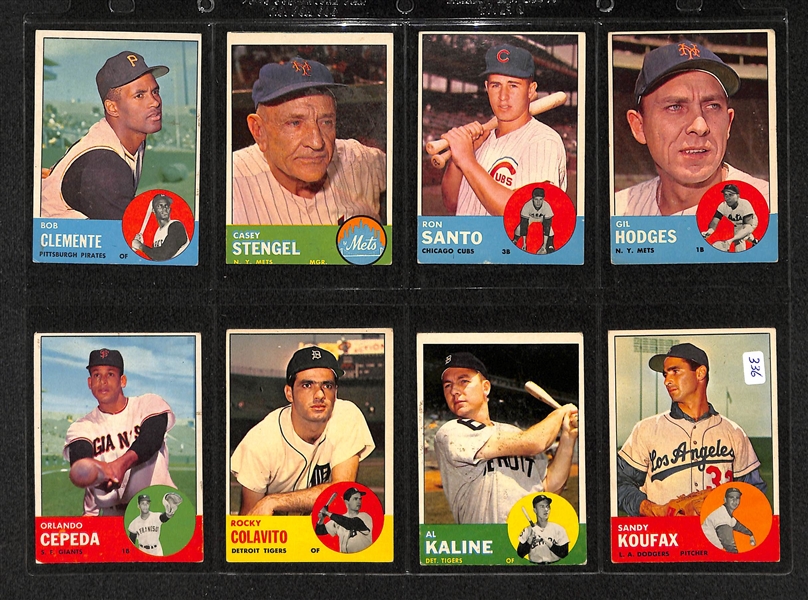 Lot Of 16 1963 Topps Baseball Cards w. Roberto Clemente, Sandy Koufax, Ron Santo, Rusty Staub RC