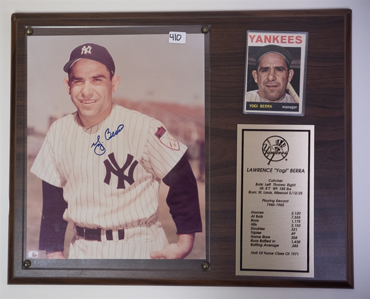 Yogi Berra Signed Photo Plaque w/ 1964 Topps Card