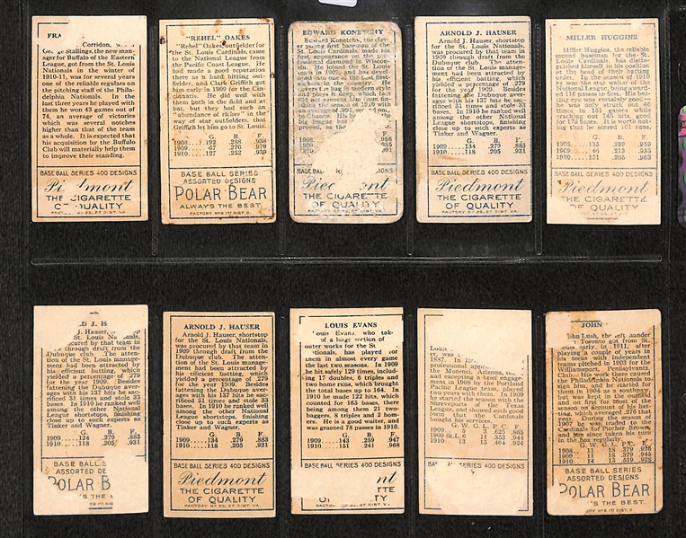Lot Of 10 1911 T205 St. Louis Cardinals Cards w. Miller Huggins, Hauser, Konetchy, Oakes, Corridon, Lush, Harmon, Evans