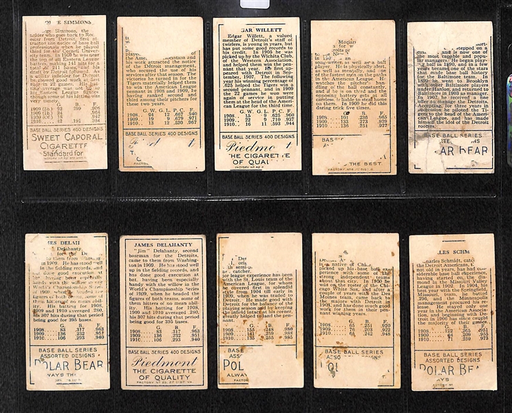 Lot Of 10 1911 T205 Detroit Tigers Cards w. Hughie Jennings, Moriarity, Summers, Simmons, Schmidt, O'Leary, Jones, Delahanty