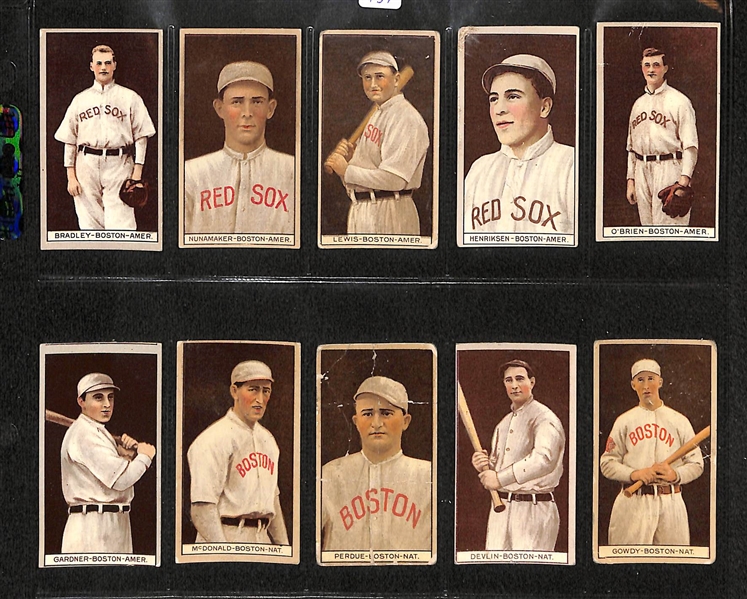 Lot Of 10 1912 T207 Boston Red Sox Cards w. Hugh Bradley, Nunamaker, Lewis, Henriksen, O'Brien, Gardner, McDonald, Perdue, Devlin, Gowdy