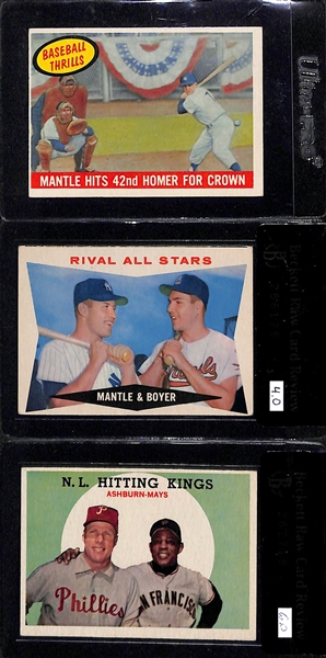 Lot of 3 Star Topps Cards - 1960 Mantle/Boyer BVG 4, 1959 Ashburn/Mays BVG 6, & 1959 Mantle Baseball Thrills