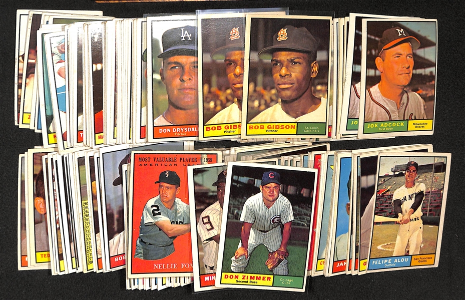 Lot Of 201 1961 Topps Baseball Cards w. Don Drysdale, Gibson, Fox MVP, Minoso, Zimmer