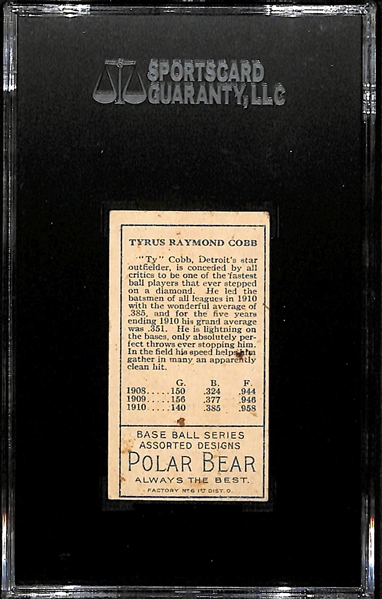 1911 T205 Ty Cobb - Polar Bear Back -SGC 50 (4) - Factory No. 6 - HOF