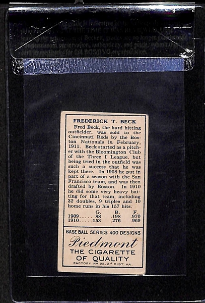 1911 T205 Frederick Beck - Piedmont Back - BVG 5.0