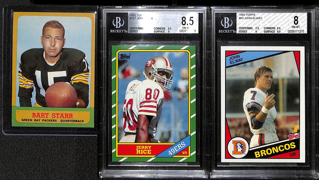 Lot of 3 Football Star Topps Cards - Including Jerry Rice Rookie Card, Elway, & Starr - BVG