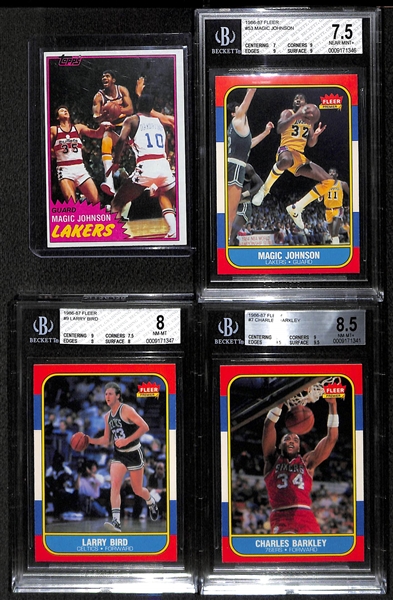 Lot of 4 Basketball Hall of Famer Cards (Fleer & Topps) - Barkley, Bird, & Johnson - BVG