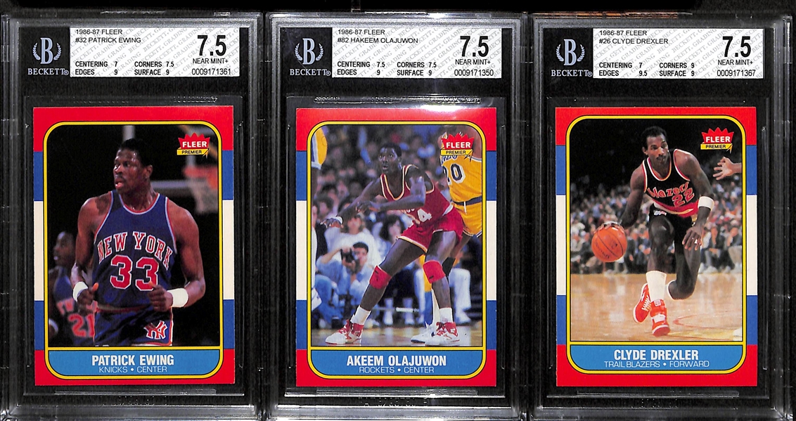 Lot of 3 1986 Fleer Basketball Cards - Ewing, Olajuwon, Drexler - BVG 7.5