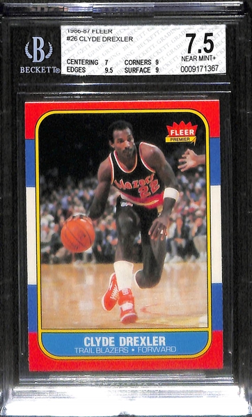 Lot of 3 1986 Fleer Basketball Cards - Ewing, Olajuwon, Drexler - BVG 7.5