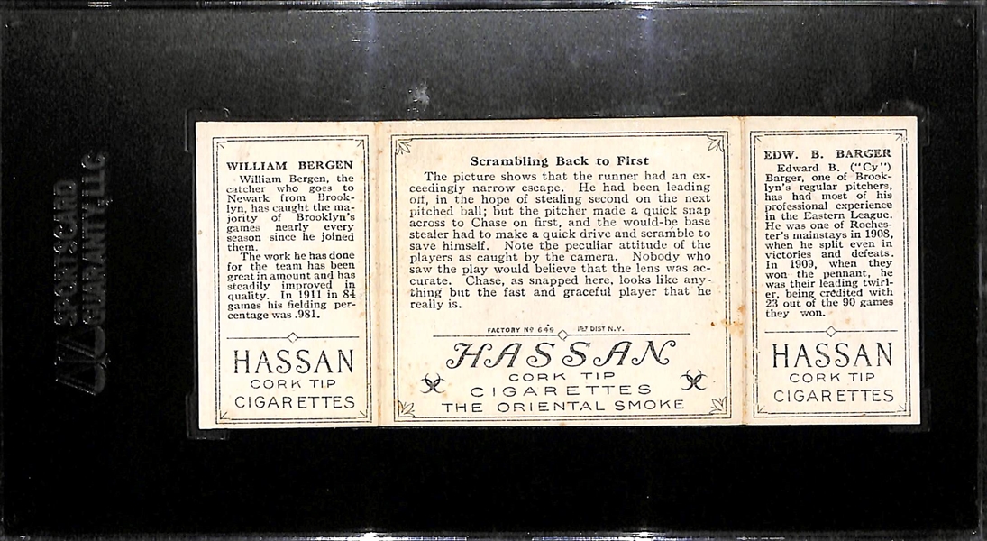 1912 T202 Hassan Bergen/Barger - Scrambling Back To First - SGC 5