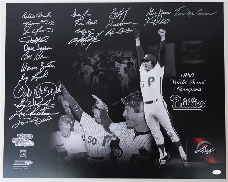 1980 World Series Champions Phillies Team Signed Photo Display - 22 Signatures - 16 x 20 Photo - Leaf