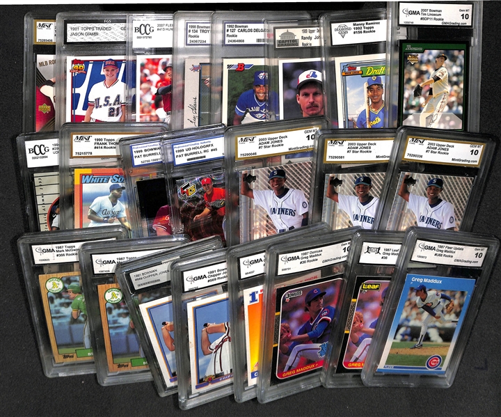 Lot Of 23 Baseball Graded Rookie Cards w. Frank Thomas. Maddux, Chipper Jones, Adam Jones, & more!