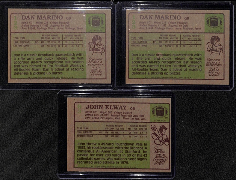 Lot of 3 HOF 1984 Topps Football rookie cards - Dan Marino (2) & John Elway (1) Rookie Cards