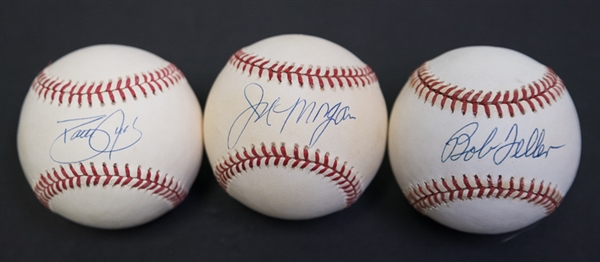 Lot Of 3 Baseball Stars Signed Baseballs - Joe Morgan, Dave Justice, & Bob Feller
