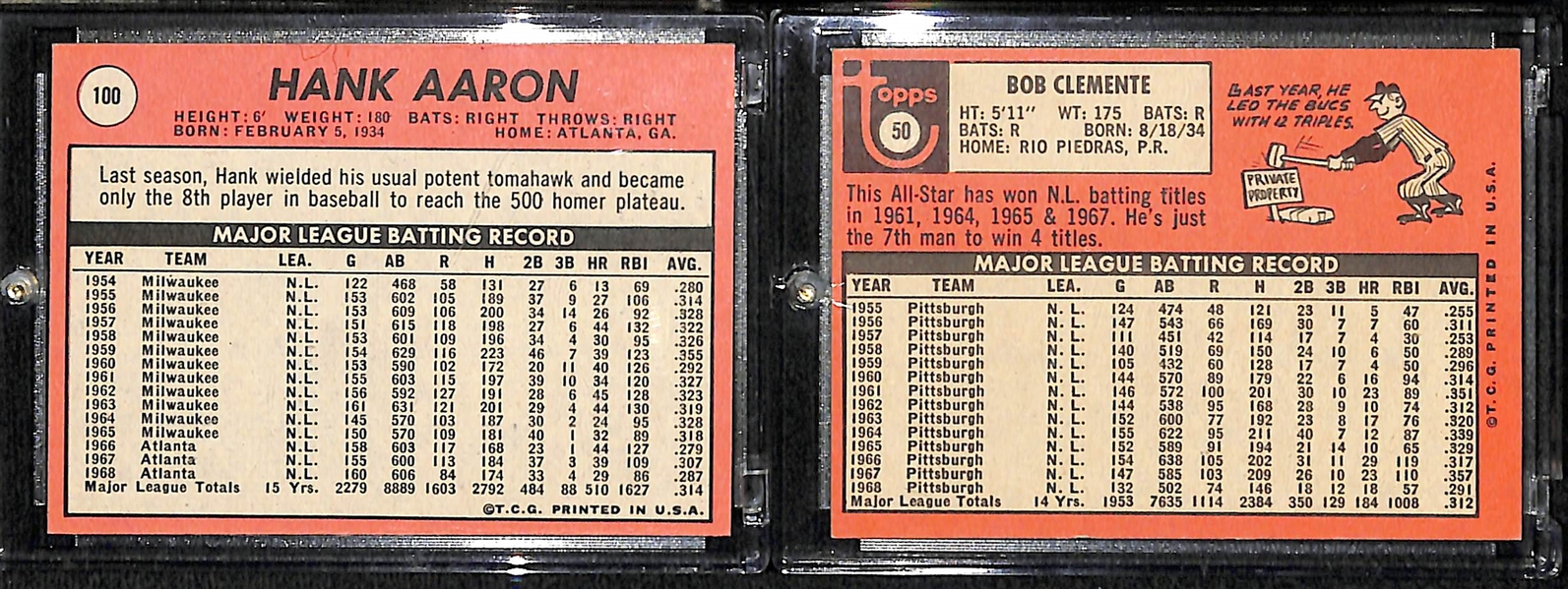 1969 Topps Roberto Clemente & Hank Aaron Cards