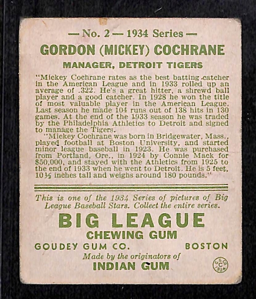 1934 Goudey #2 Mickey Cochrane Card