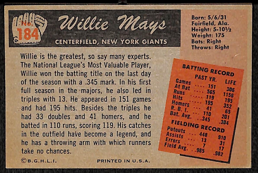 1955 Bowman #184 Willie Mays Card