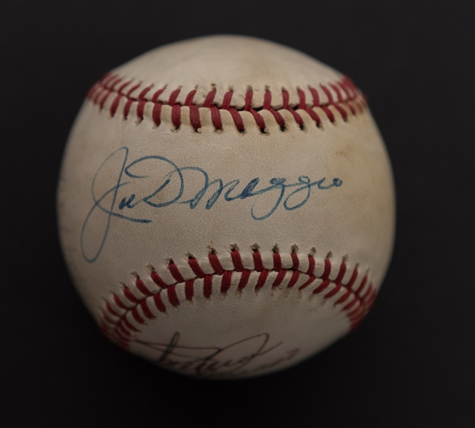 Baseball Greats Signed Ball w. 4 Autographs - Joe DiMaggio, Whitey Ford, Max Patkin, & Minnie Minoso