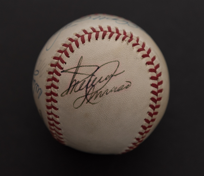 Baseball Greats Signed Ball w. 4 Autographs - Joe DiMaggio, Whitey Ford, Max Patkin, & Minnie Minoso