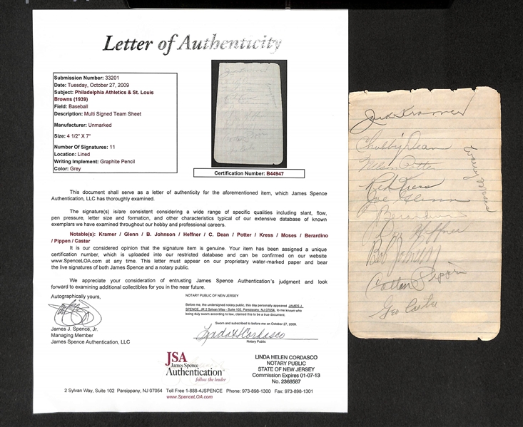 1939 Athletics & Browns Multi Signed Sheet w. Bob Johnson - JSA Letter of Authentication