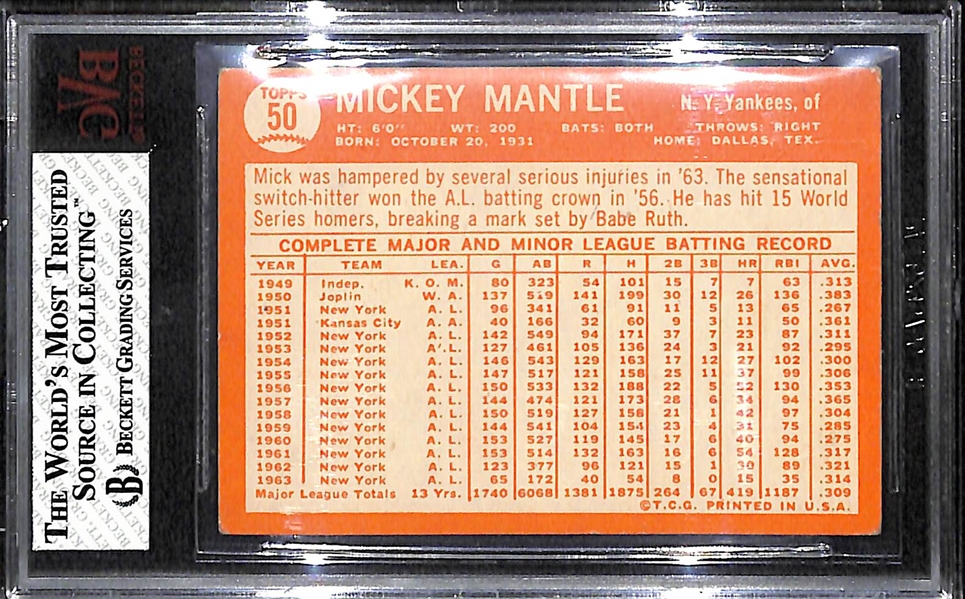 1964 Topps #50 Mickey Mantle Card BVG 3